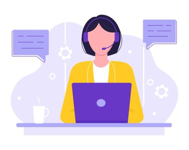 Kadın operatör, müdür. Müşteri hizmetleri ve tavsiyeler, gece gündüz online küresel teknik destek. Vektör illüstrasyonu