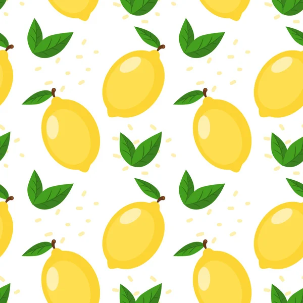 Yaprakları ve dekoratif unsurları olan şirin sarı bir limon. Kusursuz desen. Duvar kağıdı, web sayfası arkaplanı ve yüzey dokuları için kullanılabilir