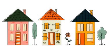 Elle çizilmiş karalama tarzı şirin evler. Minimalist apartmanlar beyaz arka planda izole edilmiş. Vektör illüstrasyonu