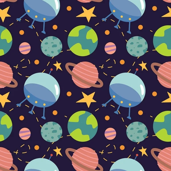 Pattern Planets Rockets Stars Comets Spaceships Cartoon Style Seamless Pattern — Stok Vektör