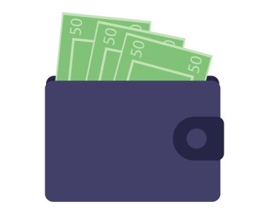 Beyaz arka planda izole edilmiş kağıt para dolu cüzdan. İş ve finans kavramı. Vektör illüstrasyonu