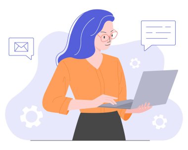 Dizüstü bilgisayarlı kadın. Destek müdürü, ofis çalışanı. İş kadını. Vektör illüstrasyonu