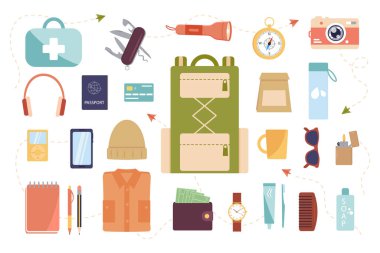 Seyahat edecek eşyalar. Beyaz arka planda izole edilmiş seyahat aksesuarları. Sırt çantasının içindekiler, gerekli şeyler, yiyecekler, hijyen ürünleri ve ekipmanlar. Vektör illüstrasyonu