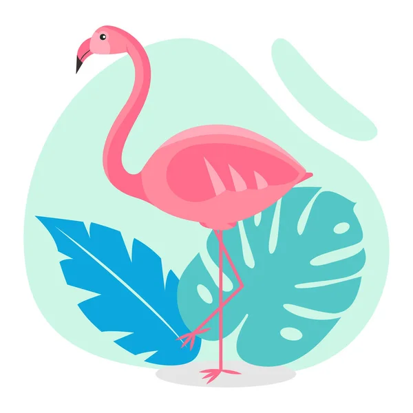 Tropikal yaprakların arka planında pembe flamingo. Vektör illüstrasyonu