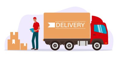Online mal teslimatı kavramı. Kutuları ve teslimat kamyonu olan bir kurye. Vektör illüstrasyonu