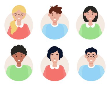 Farklı genç insanların avatarları. Farklı milletlerden kadın ve erkek portreleri. Vektör illüstrasyonu