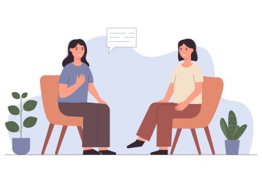Psikolog konsültasyonu. İki kadının iletişimi. Sancak için arkadaşlık ve destek konsepti, web sayfası tasarımı. Vektör illüstrasyonu