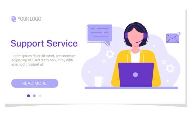 Kulaklığı ve bilgisayarı olan kadın, müşteri hizmetleri, çağrı merkezi. Web sayfası için pankart tasarımı. Vektör illüstrasyonu