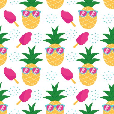 Pembe güneş gözlüğü ve dondurmalı tatlı bir yaz ananası. Kusursuz desen. Bir web sayfasının arkaplanını, yüzey dokusunu doldurmak için kullanılabilir