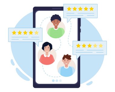 Akıllı telefon ekranındaki müşteri geribildirim sayfası. Site değerlendirmesi ve müşteri geri bildirimi. Web afişi tasarımı için. Vektör illüstrasyonu