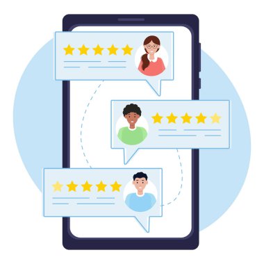 Akıllı telefon ekranındaki müşteri geribildirim sayfası. Site değerlendirmesi ve tatmin olmuş ve gülümseyen müşterilerden geri bildirim. Web afişi tasarımı için. Vektör illüstrasyonu