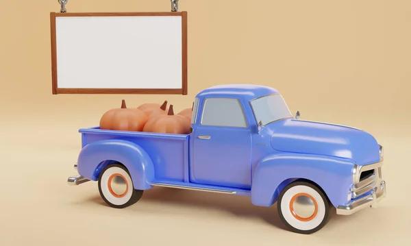 3D blue pickup truck with pumpkins and banner on background. Autumn harvest. 3D rendering