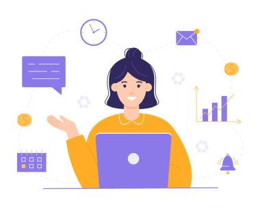Gülümseyen ve aynı anda birden fazla iş yapabilen tatlı kız menajer dizüstü bilgisayarın başında oturuyor. Ofis çalışanı ya da serbest çalışan. Çoklu görev anlayışı ve zamanını verimli kullanabilme anlayışı. Vektör 