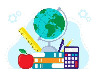 Okul malzemeleri koleksiyonu. Küre, kitap, hesap makinesi, elma, cetvel ve diğer kırtasiye malzemeleri. Okula dönelim. Web pankartı için tasarım ögesi. Vektör illüstrasyonu