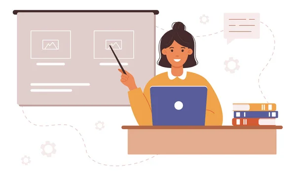Cute Smiling Female Teacher Sitting Laptop Pointing Blackboard Explaining Material — Vetor de Stock
