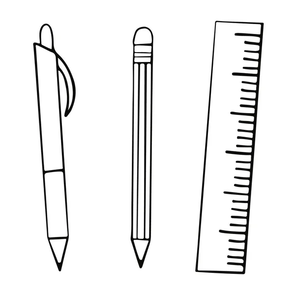 Set Stationery Hand Drawn Doodle Style Writing Pen Ruler Pencil — Archivo Imágenes Vectoriales