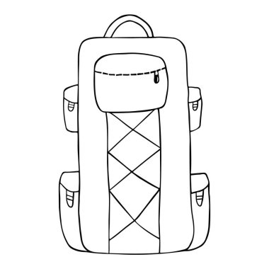 Travel backpack in hand drawn doodle style isolated on white background. Recreation and tourism. Vector