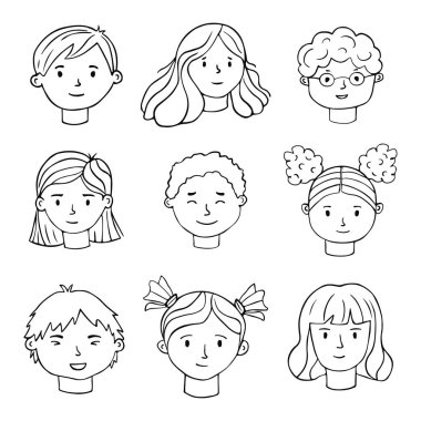 Set of hand drawn human faces. People's faces in doodle style. Portraits of boys and girls on a white background. Vector