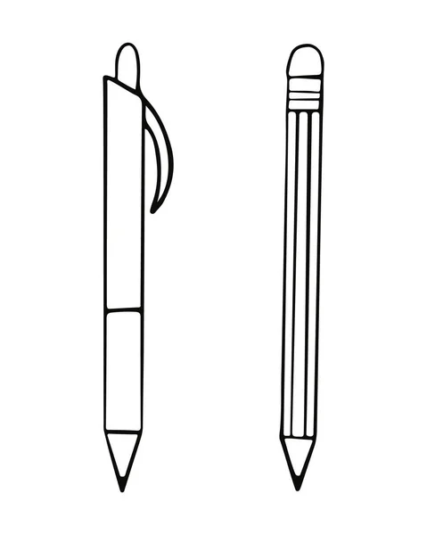 Set Stationery Hand Drawn Doodle Style Writing Pen Pencil Vector — 图库矢量图片