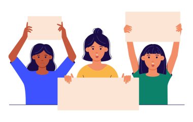 Group of women protest by making statements. Activists with posters riot. Protesters at the demonstration. Activism concept. Vector illustration