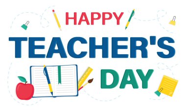 Happy teacher's day illustration with school supplies isolated on white background. Lettering. Design for a greeting card. Vector illustration