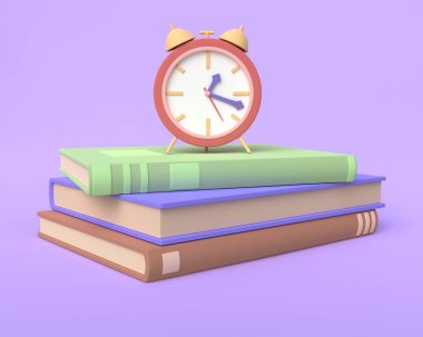 3d alarm clock with educational books on a purple background. 3d rendering