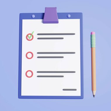 3d checklist icon with a pencil on a blue background. 3d rendering