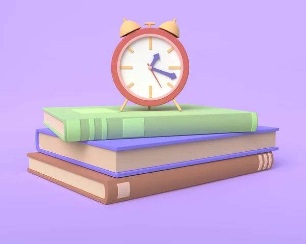 Будильник Навчальними Книгами Фіолетовому Тлі Візуалізація — стокове фото