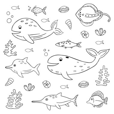 Set of sea fish in doodle style. Ocean life and the underwater world. Whale, stingray, shark, dolphin, fish, corals, algae, shells. Vector