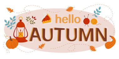 Hello autumn, cute card design. Cute lantern and pumpkin cozy and warm atmosphere of autumn days. Vector illustration