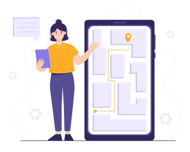 Woman shows how to get to the destination on a smartphone with a geolocation application. A real-time location program. Vector illustration