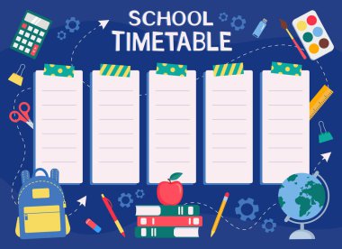 Back to school. Timetable template. School supplies. Vector illustration