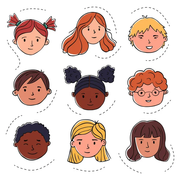 Hand Drawn Doodle Human Faces Color Portraits Boys Girls Different — Stockvector