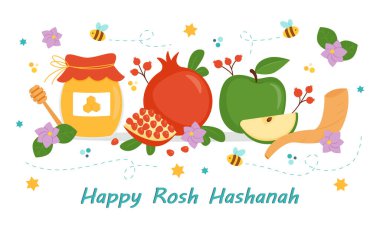 Happy Rosh Hashanah. Jewish New Year. Greeting card design with pomegranate, apple and honey. Vector illustration