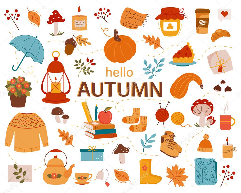 Hello Autumn. Set with pumpkin, fruit, cute wellies boots, books and autumn leaves. Collection of elements for autumn coziness. Vector illustration