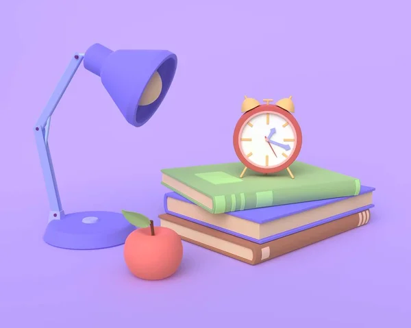 3D table lamp, pile of books, clock, apple. 3D rendering