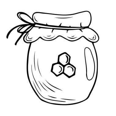 Jar of bee honey drawn in doodle style. Vector illustration