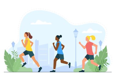 Women run in the summer park. Professional athletes run outdoors. Sports training, active recreation, healthy lifestyle. Vector illustration