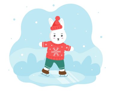 Rabbit in a warm red sweater and a hat is skating. Fun winter entertainment. Vector illustration