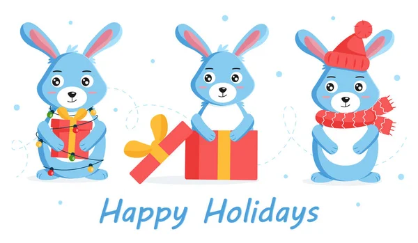 Conejo Conejo Celebran Las Vacaciones Invierno Navidad Diseño Tarjeta Felicitación — Vector de stock
