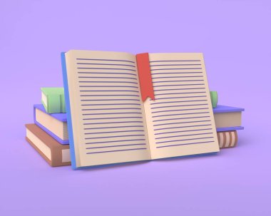 Mor arkaplan üzerine eğitici ders kitapları olan 3D açık bir kitap. 3d oluşturma