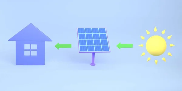 通过太阳能电池板从太阳获得替代能源的概念 生态学 绿色能源 3D渲染 — 图库照片