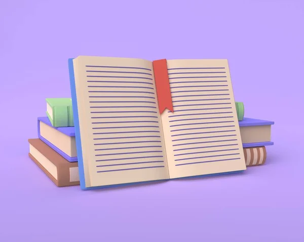 Libro Abierto Con Libros Texto Educativos Sobre Fondo Púrpura Renderizado — Foto de Stock