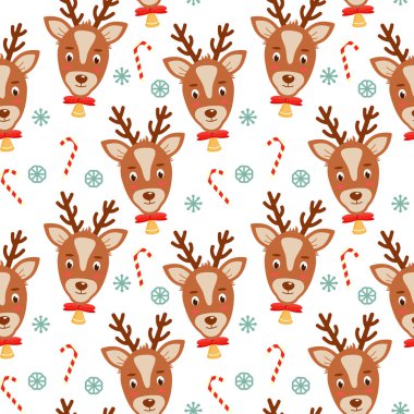 Kar taneleri ve şekerlerle Noel geyiği. Kusursuz desen. Web sayfası arkaplan dolgusu, yüzey dokusu için kullanılabilir