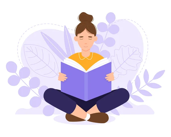 Vrouw Zit Leest Een Boek Natuur Dag Van Literatuur Lezen — Stockvector
