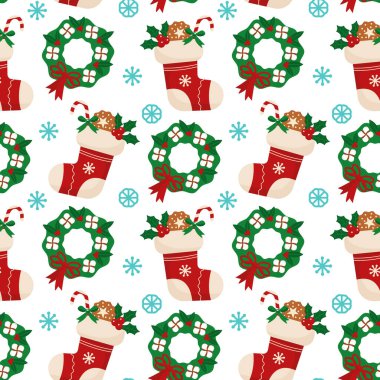 Noel çorabında şeker, kar taneleri ve şenlikli süslemeler. Kusursuz desen. Web sayfası arkaplan dolgusu, yüzey dokusu için kullanılabilir