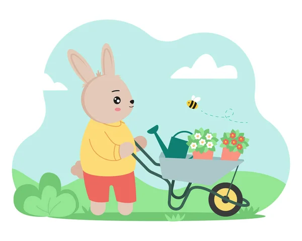 春の風景を背景にかわいいウサギやウサギが園芸しています ベクターイラスト — ストックベクタ