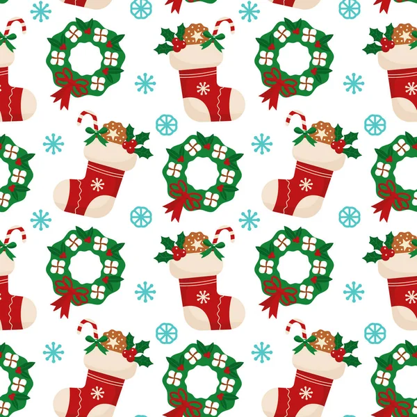 キャンディ 雪の結晶とお祝いの装飾でクリスマスのストッキング シームレスなパターン Webページの背景色 表面のテクスチャに使用できます — ストックベクタ
