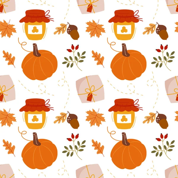 有蜂蜜 南瓜和秋天叶子的罐子 无缝图案 可用于网页背景填充 表面纹理填充 — 图库矢量图片