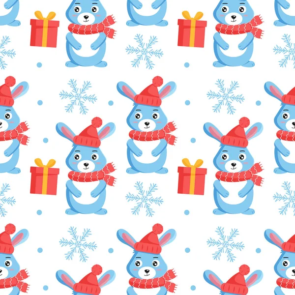 ギフトボックスと雪の結晶が付いた暖かい服のウサギ シームレスなパターン Webページの背景色 表面のテクスチャに使用できます — ストックベクタ